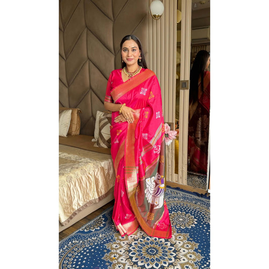 Elite Weaves Soft Silk Ikkat Patola Saree with Meenakari Motifs Peacock Pallu & Gold Zari Border Wedding Dresses Good Vibrations