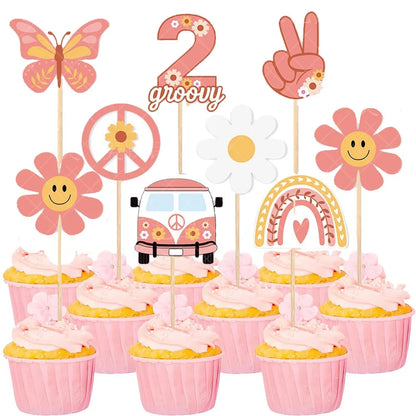 Hippie Party Cupcake Toppers Two Groovy Cupcake Dasiy Flower 60s Retro Boho Cake Decor for Hippie Two Groovy Theme 2nd Birthday Good Vibrations