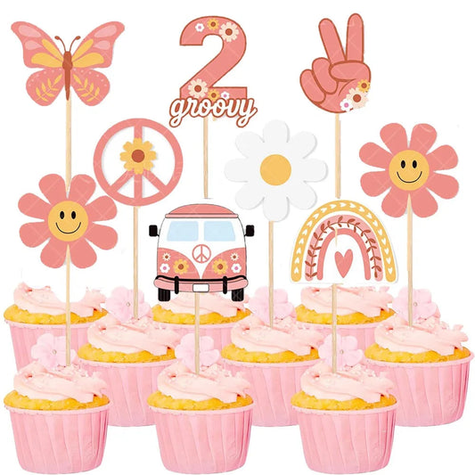Hippie Party Cupcake Toppers Two Groovy Cupcake Dasiy Flower 60s Retro Boho Cake Decor for Hippie Two Groovy Theme 2nd Birthday Good Vibrations