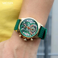 MEGIR Sport Quartz Watch Men Fashion Waterproof Chronograph Wristwatch with Date Olive Green Silicone Strap Luminous Hands 2235 Good Vibrations