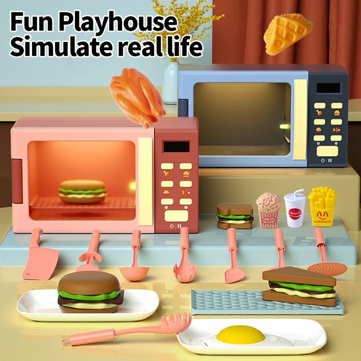 Toy Microwave Oven Playset with Light and Sound, Toy kitchen Appliances for Kids, Play kitchen accessories and Toy Food for Kids Good Vibrations