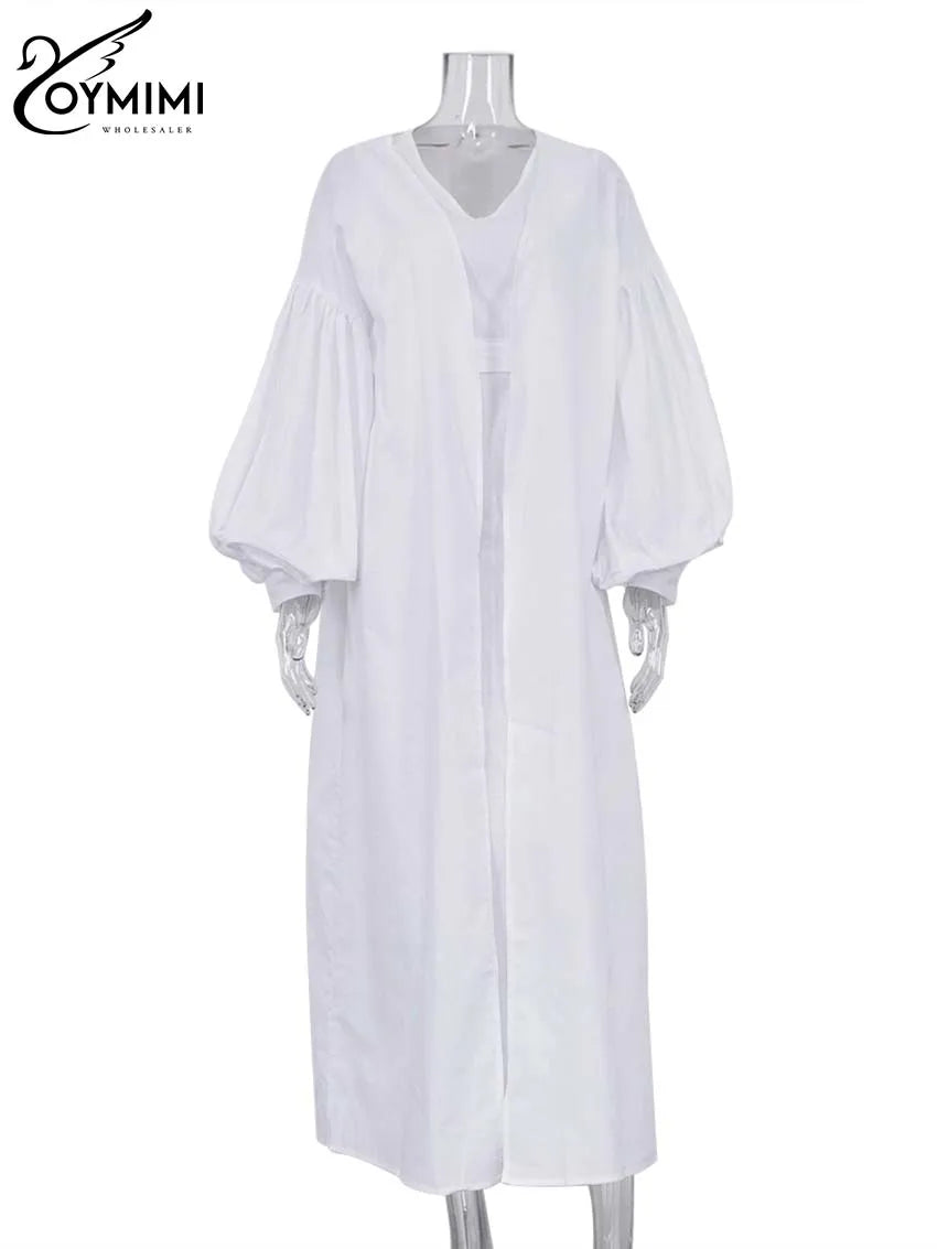 Oymimi Elegant Yellow Cotton Hemp 2 Pc Sets Womens Outfits Casual Puff Sleeve Robe And V-Neck Sleeveless Floor-Length Dress Sets Good Vibrations