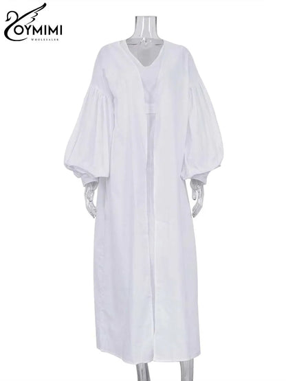 Oymimi Elegant Yellow Cotton Hemp 2 Pc Sets Womens Outfits Casual Puff Sleeve Robe And V-Neck Sleeveless Floor-Length Dress Sets Good Vibrations