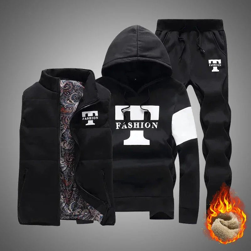 3 Pieces Set Hoodies+Vest+Pants Casual Men's Track Suit Clothing Coats Winter Thick Warm Tracksuit for Men Printed Mens Set Vest Good Vibrations