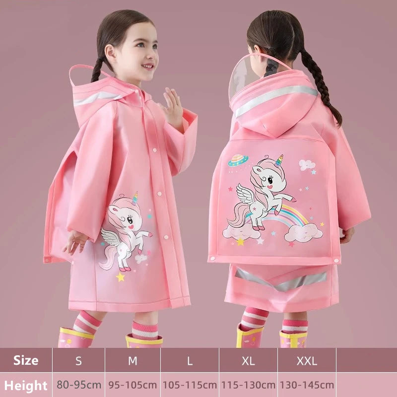 Cute Kids Raincoat Wateproof Children Dinosaur Unicorn Rain Poncho Rain Coat Jacket With Backpack Position Student RainWear Good Vibrations