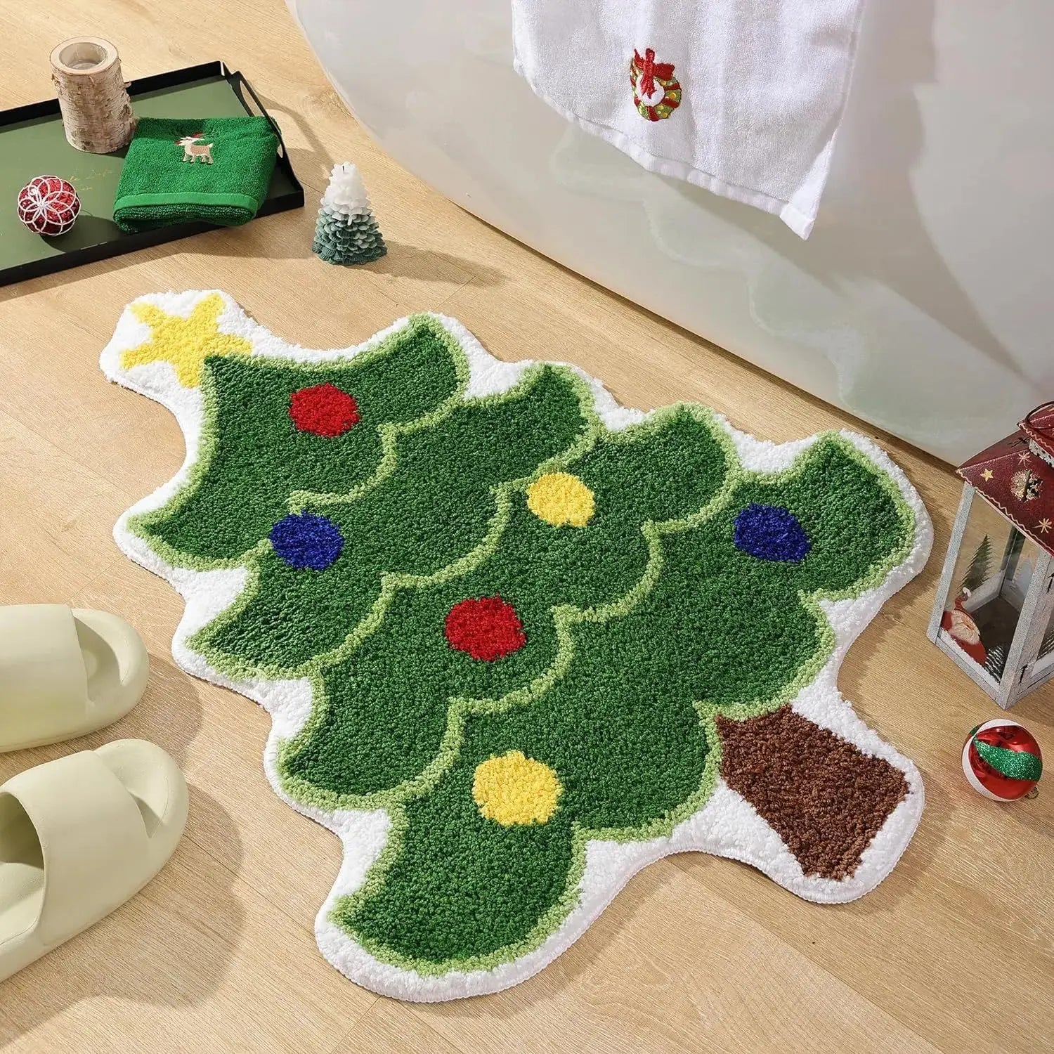 Christmas Tree Shape Floor Mat Anti Slip Entrance Door Bedroom Bath Toilet Mat Carpet 2025 New Year Gift Navidad Home Decoration Good Vibrations