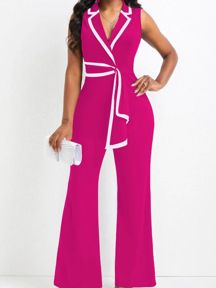 Women's Overalls Outfits Full Length New Fashion 2025 Summer V Neck Elegant Sleeveless Office Lady Jumpsuit Wide Leg Pants Good Vibrations