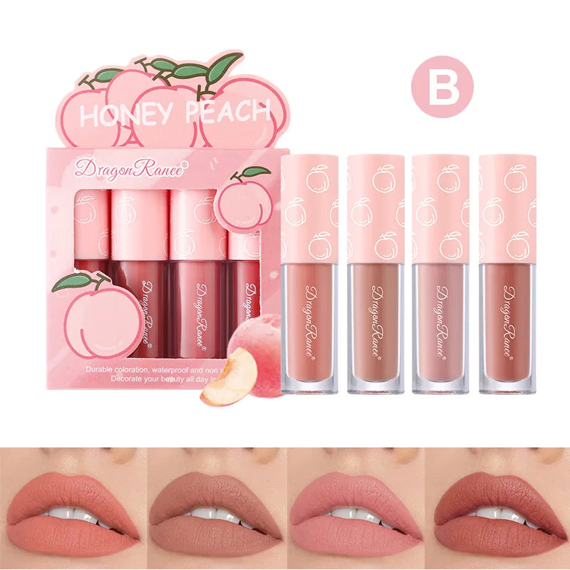 Mini Velvet Matte Lip Gloss Set, 4-Piece Non-Fading, Non-Stick Cup, Long-Lasting Fruit Scented Lip Tint, Smooth and Lightweight Good Vibrations