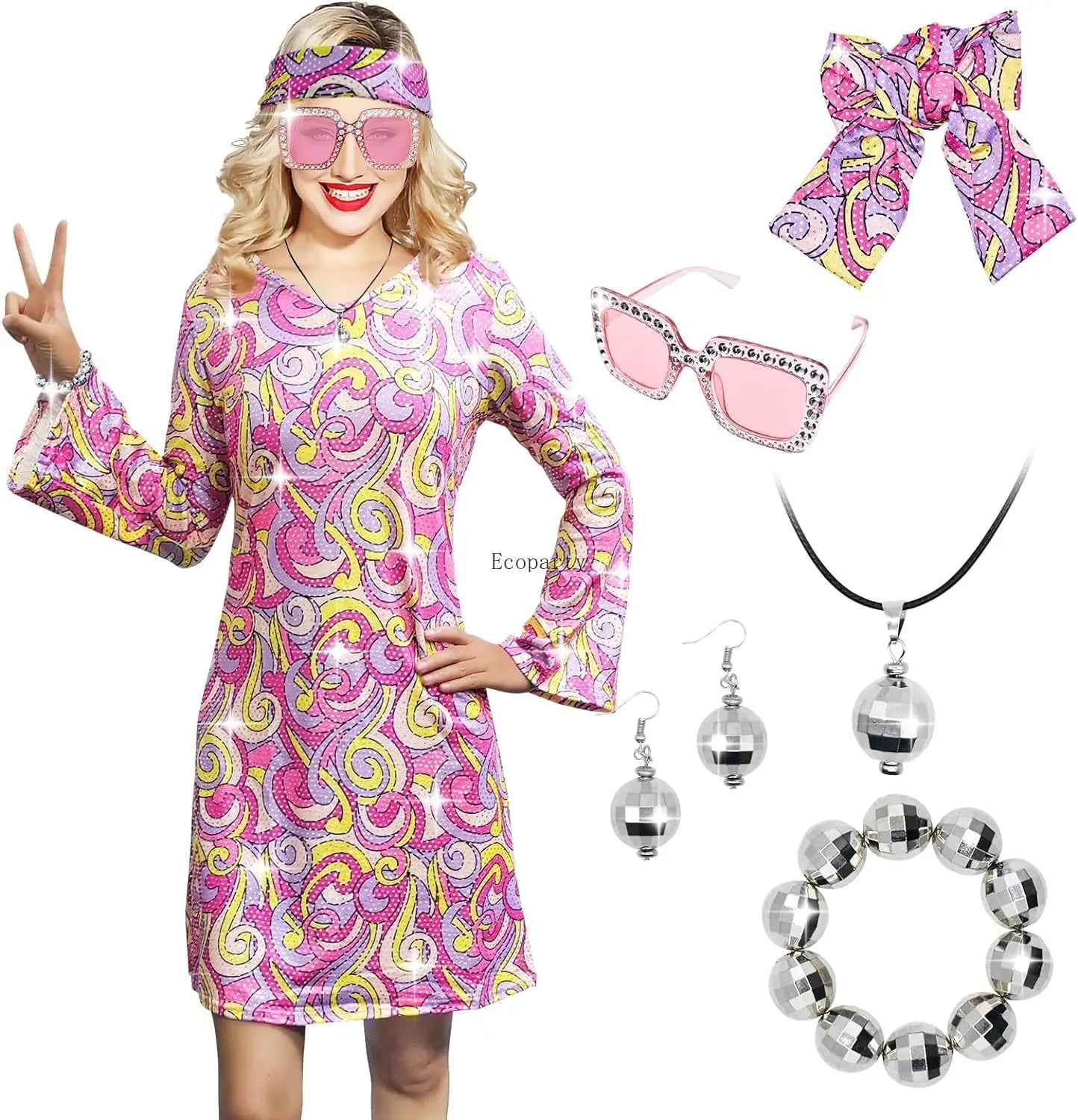 Disfraz 70s Women Disco Dress Hippie Costumes Necklace Earrings Glasses, 60's 70's Birthday Outfits, 1970s Prom Bling Dress Good Vibrations