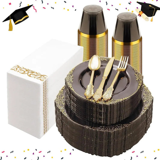 350Pcs Clear Bla Plastic Plates For 50 Guests, Disposable Plates With Gold Trim Lude 50 Dinner And Dessert Plates, 150 Gold Good Vibrations