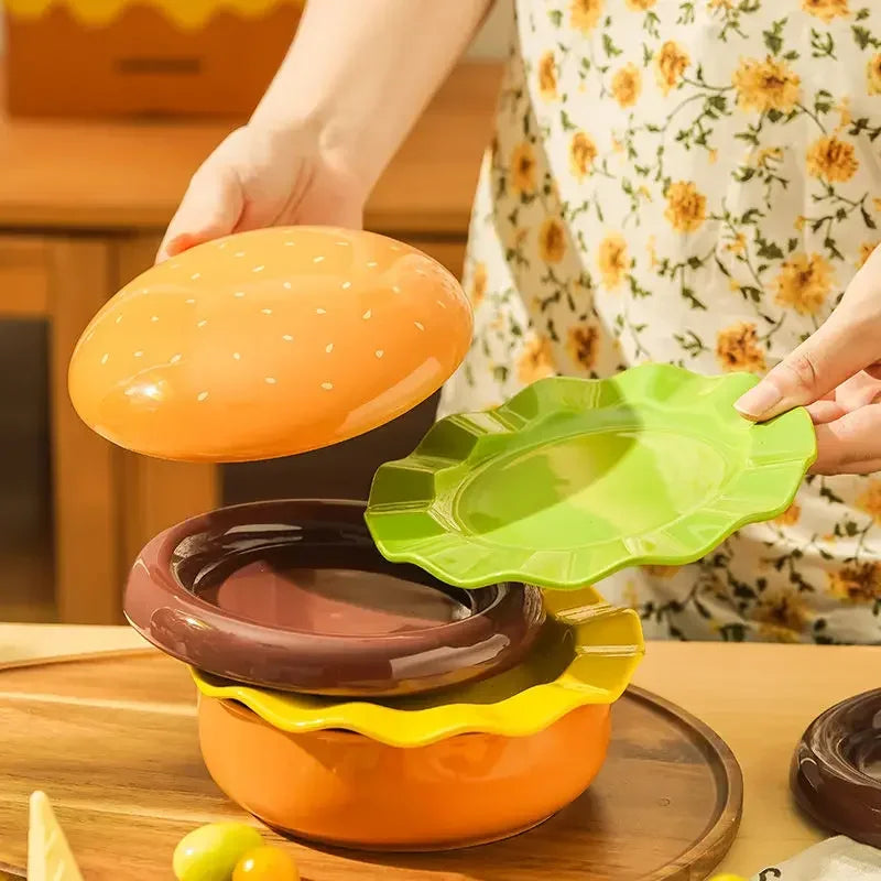 5PCS Ceramics Big Hamburger Bowl Cute Dessert Fruit Salad Plate Stackable Sushi Ramen Bowl Kitchen Accessories Dinnerware Sets Good Vibrations
