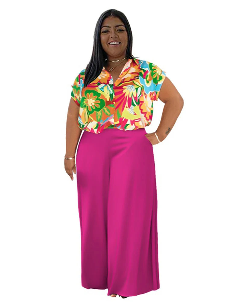 Woman 2 Piece Outfit Set Plus Size Summer Casual Suit Set Floral Print Shirt Pants Set Basic Lounge Wear Good Vibrations