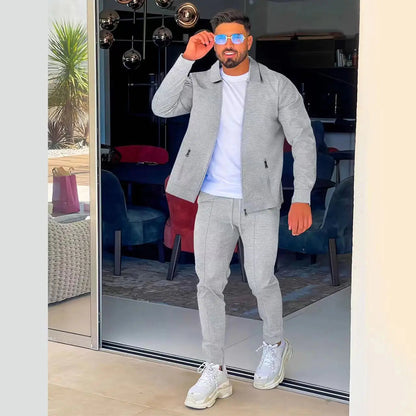 Autumn Winter Men's Casual Blazer Set New Fashion Waffle Baseball Suit Round Neck Pocket Zipper Long Sleeve Trousers Two-Piece S Good Vibrations