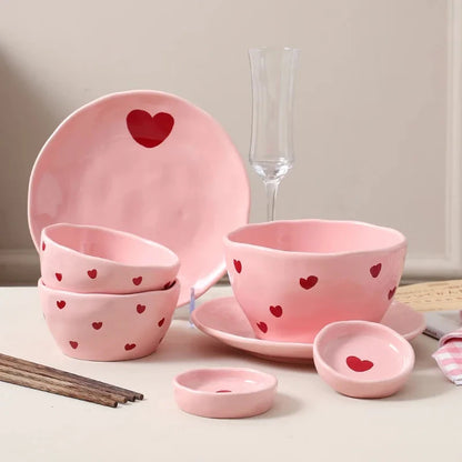 Salad Bowl Pink Heart Pattern Ceramic Plate Coffee Cup Children Dessert Bowl Household Cute Dinner Plates Restaurant Tableware Good Vibrations