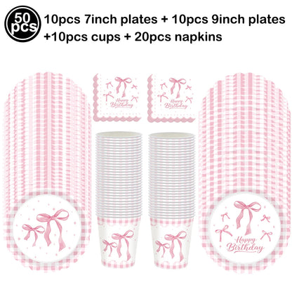 Pink Banner Happy Birthday Bow Balloon Straw Disposable Paper Plate Napkin Cup Tableware Princess Girl Birthday Party Supplies Good Vibrations