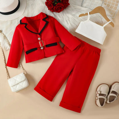 Ceeniu 4pcs Elegant Suit For Girls Children's Clothing Belted Turn-Down Collar Jacket+Camisole+Pants Luxury Girls Blazer Sets Good Vibrations