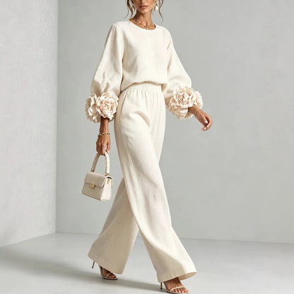Women 2 Piece Outfit O Neck Puff Long Sleeve Top 3D Floral + Elastic Waist Wide Leg Pants Set Autumn Elegant Casual Office Suit Good Vibrations
