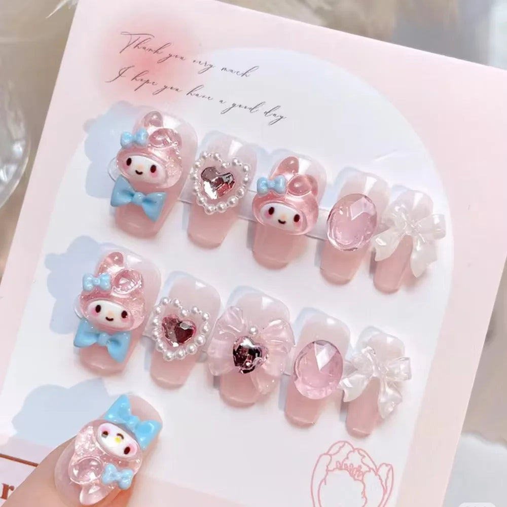 Sanrio Kawaii Pink My Melody Fake Nails 24Pc 3D kuromi Anime Cute Nail Patches False Nail Tips Cartoon Y2K Fashion Press on Nail Good Vibrations