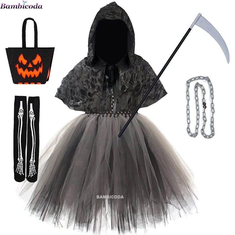 Halloween Grim Dresses Horror Death Cosplay Black Cloak Costume kids Girls Party Clothes Halloween Dress Demon Ghosts Costume Good Vibrations