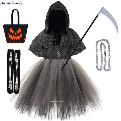 Halloween Grim Dresses Horror Death Cosplay Black Cloak Costume kids Girls Party Clothes Halloween Dress Demon Ghosts Costume Good Vibrations