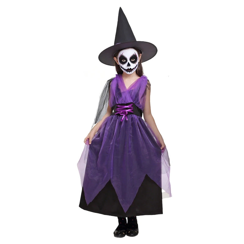 Halloween Costume for Girls Witch Vampire Carnival Party Dress Up Trappings Kids Cosplay Clothes Purple Bat Suit Holiday Gifts Good Vibrations