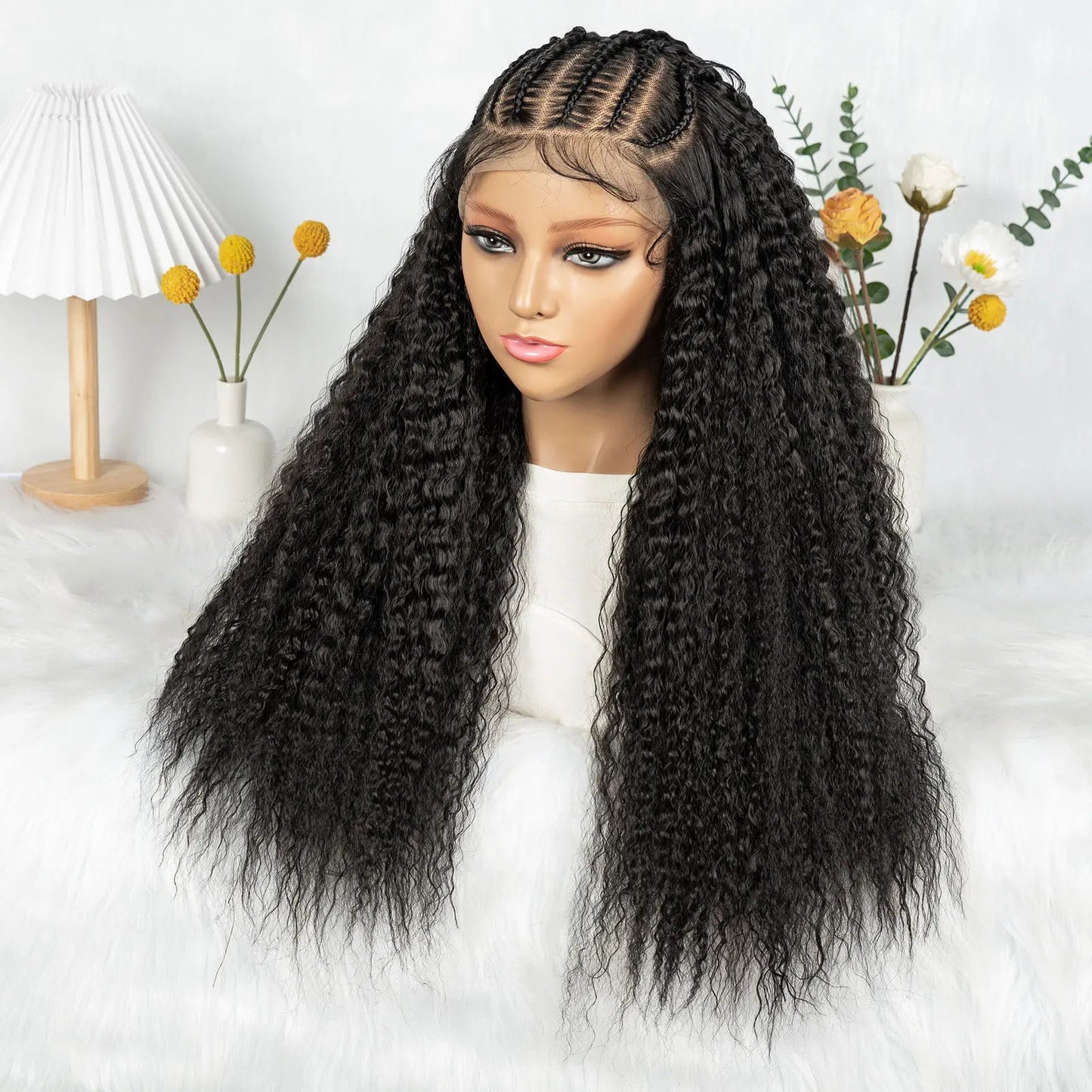 Knotless Braided Wigs With Curly Hair 13x6 Synthetic Braided Wigs Cornrows Wigs Afro Kinky Curly  Braided Wigs For Black Women Good Vibrations
