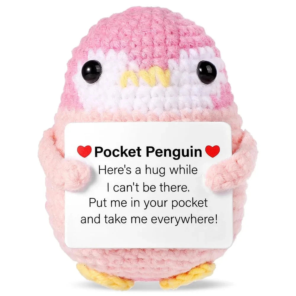 Funny Positive Energy Penguin Hug Pocket Doll Mini Handmade Plush Knitted Penguin Ornament Home Room Decoration Christams Gift Good Vibrations