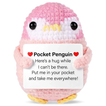 Funny Positive Energy Penguin Hug Pocket Doll Mini Handmade Plush Knitted Penguin Ornament Home Room Decoration Christams Gift Good Vibrations