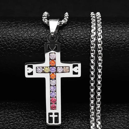 Catholic Jesus Cross Stainless Steel Necklace Saint Benedict Crystal Virgin Mary Pendant Crucifix Male Necklaces Jewelry cruz Good Vibrations
