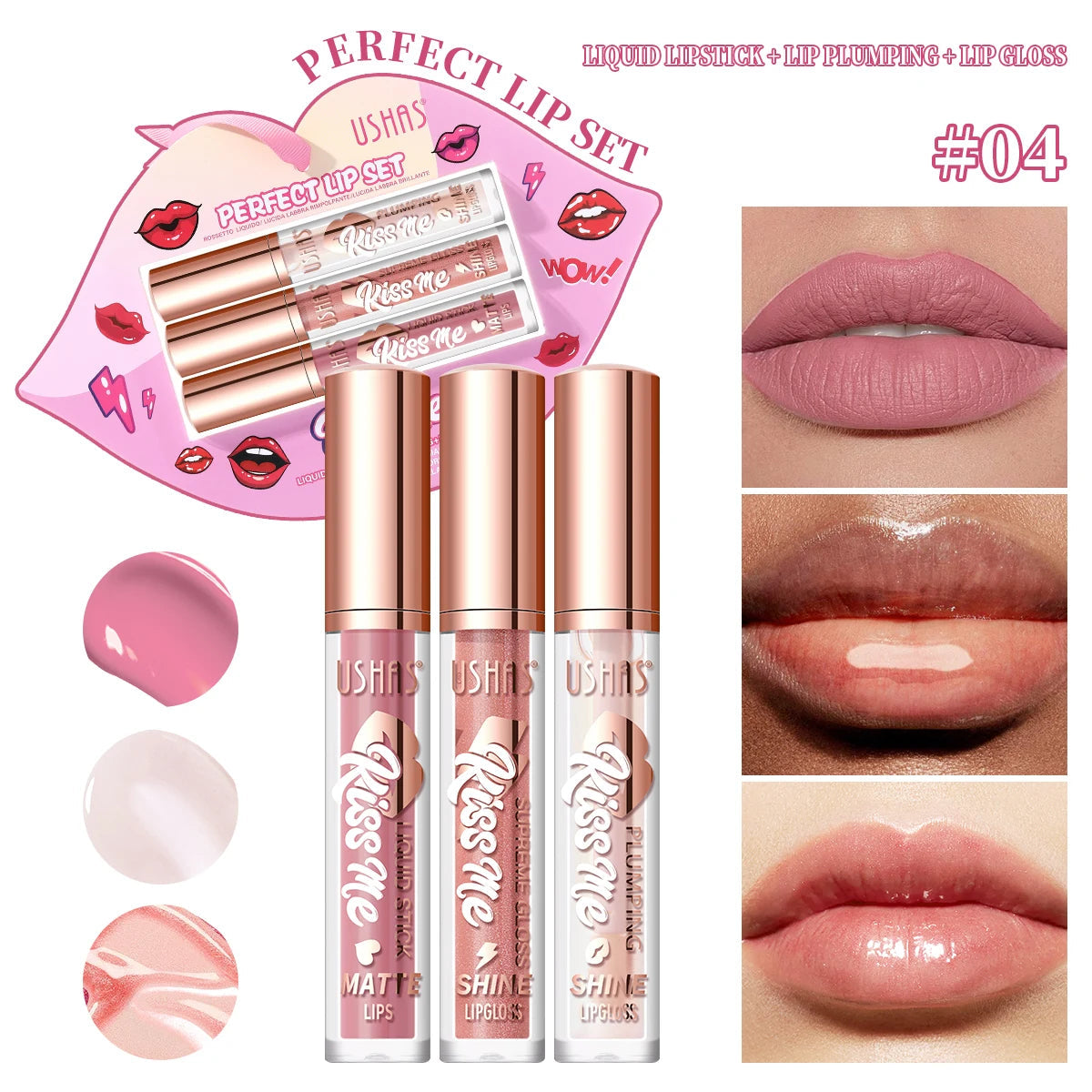USHAS 3 Pcs/Set Lip Gloss Set, Matte and Glossy Lip Glaze Suit, 3 Different Colors in 1 Set, Perfect Gift for Girls&Women Good Vibrations