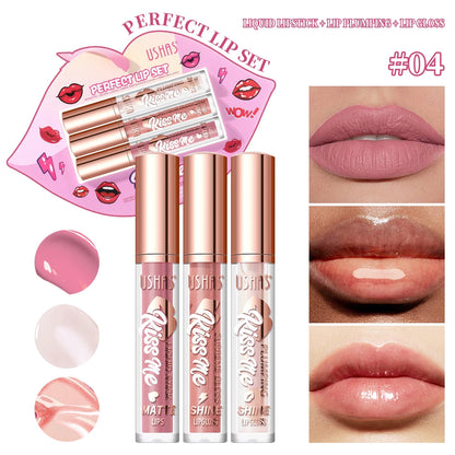 USHAS 3 Pcs/Set Lip Gloss Set, Matte and Glossy Lip Glaze Suit, 3 Different Colors in 1 Set, Perfect Gift for Girls&Women Good Vibrations