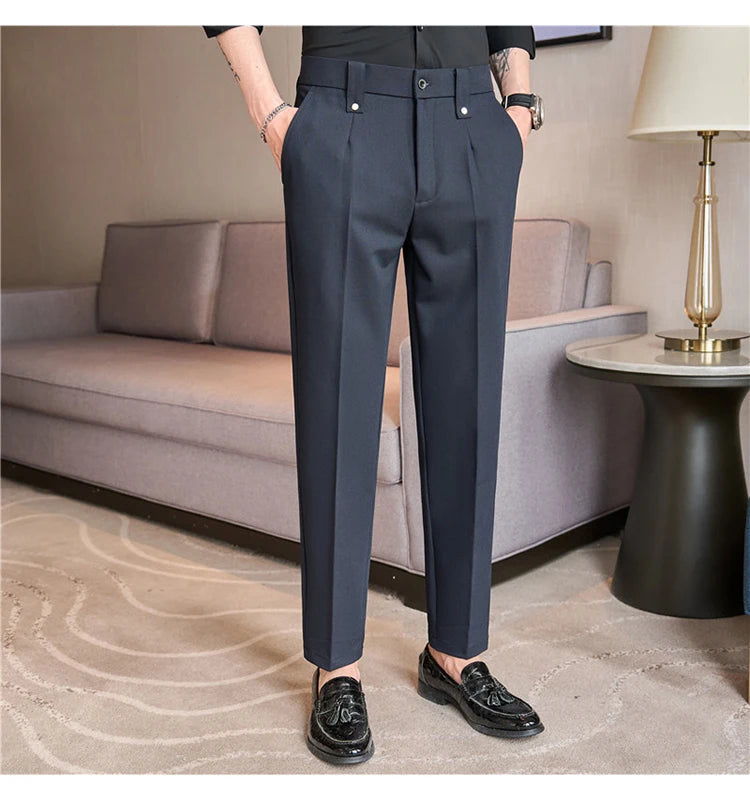 Mens Suit Pants 2025 Autumn New British Style Elastic Waist Solid Casual Formal Dress Pants Slim Fit Trousers for Men Clothing Good Vibrations