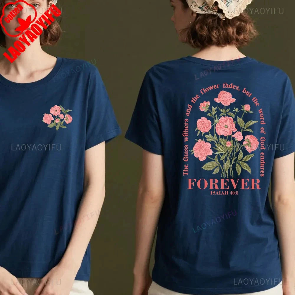 Boho Christian Shirt Women Bible Verse Tshirt Jesus Apparel Vintage Floral Tshirt Flower Graphic Cotton Tee Trendy Clothes Good Vibrations