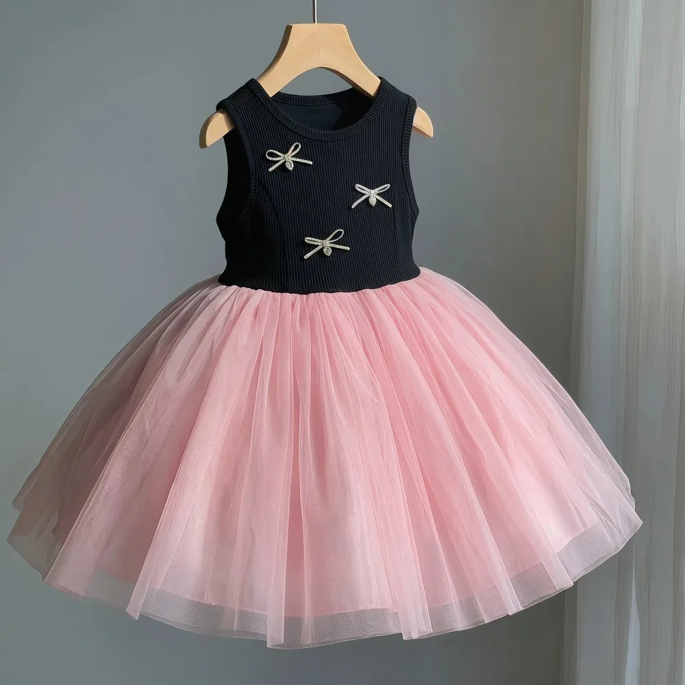 Children's Clothing, Girls' Dress, Summer New Style, Children's Evening Cloud Yarn, Flying Sleeve Princess Dress, Baby Bow Dress Good Vibrations