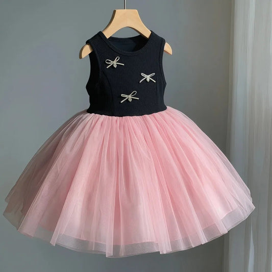Children's Clothing, Girls' Dress, Summer New Style, Children's Evening Cloud Yarn, Flying Sleeve Princess Dress, Baby Bow Dress Good Vibrations