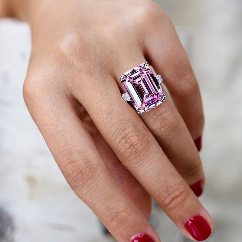 New Simple Shiny Big Rectangle Zircon Women Rings White/Pink Stones Available Bridal Wedding  Top Quality Noble Lady Good Vibrations