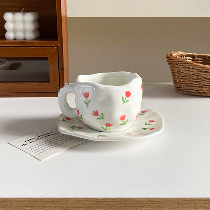 1Pc280Ml Original Design Scandinavian Style Hand-Kneaded Ceramic Coffee Cup and Saucer Multi-Color Plaid Heart Blue Sky and White Clouds Flower Mug Suitable for Afternoon Tea Milk Cup and Saucer Latte Cup Dessert Plate Cup an Good Vibrations