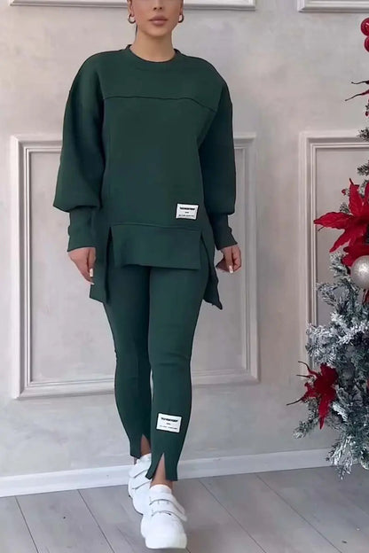 Women's Casual Sweatshirt Sports Set Autumn Winter Fashion Solid Loose Irregular Sweatshirt Top And Slim Trouser Two Piece Sets Good Vibrations