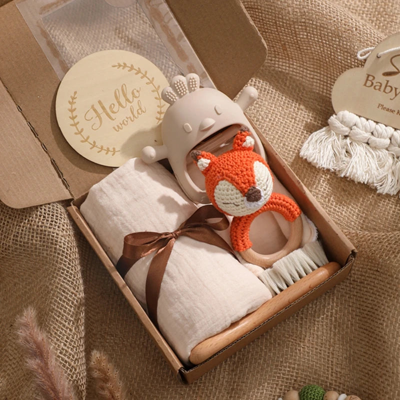 1Set Baby Bath Toy Set Food Grade Silicone Teether Toys Wooden Ring Crochet Rattle Milestones Card Bath Brush For Newborn Gift Good Vibrations