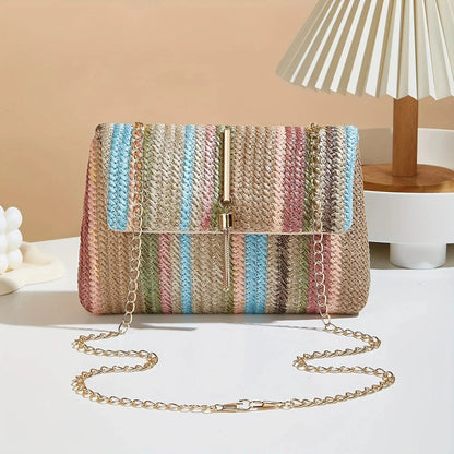Chic Rainbow Stripe Straw Crossbody Bag for Women Adjustable Shoulder Strap Magnetic Closure Tassel Accent, Fashion Square Purse Good Vibrations