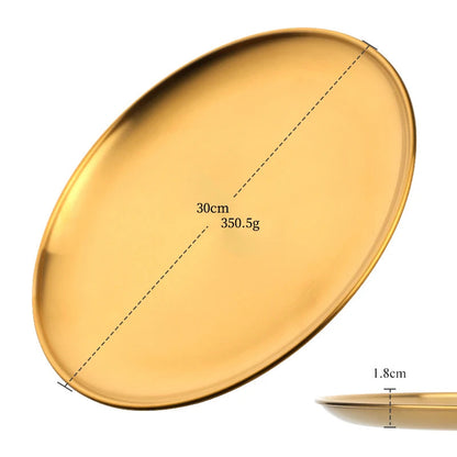 Stainless Steel Dinner Plates European Style Dessert Plate Kitchen Serving Dishes Salad Plate Cake Tray Western Steak Round Tray Good Vibrations