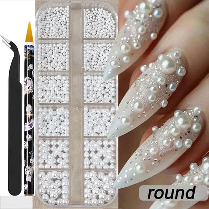 12grids Half Round Pearls Beads 3D Nail Charms 1.5/2/2.5/3/4/5mm White Flatback Pearls Nail Jewelry Nail Craft Pearl Rhinestones Good Vibrations