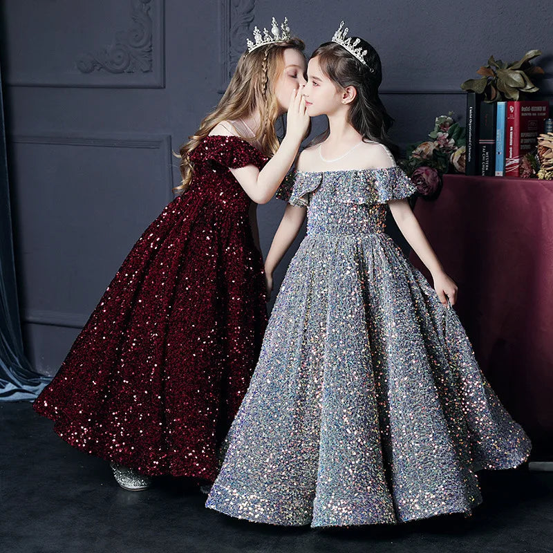 Girl's Western Style Evening Dress Flower Girl Sequined Catwalk Host Piano Performance Princess Dress Good Vibrations