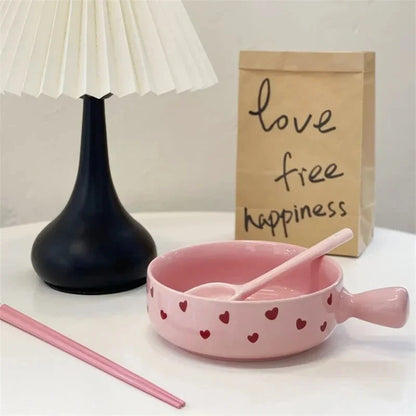 Pink Love Cutlery Set Rice Bowl Household Ceramic Double Ear Instant Noodle Soup Bowl Hand Paired Spoon Combination Noodle Bowl Good Vibrations