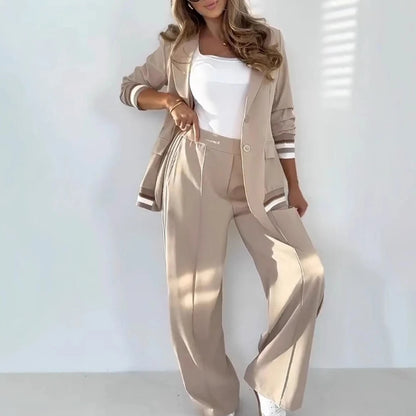 Women Suit Jacket 2 Piece Sets Striped Blazer Coat Turn Down Collar Single Breasted Wide Leg Pants Ensemble Office Lady Outfits Good Vibrations