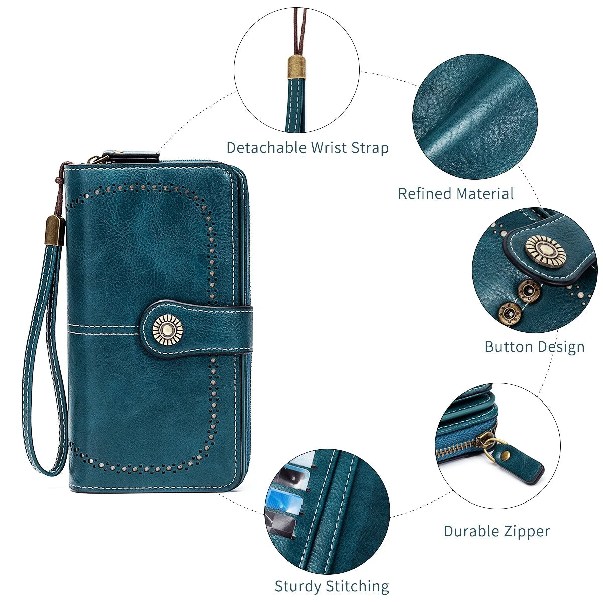 Rfid Anti-Theft Wallet for Men and Women, European and American Retro Leather Long Wallet Clutch, Oil Wax Leather Cut Out Multi-Card Slot Wallet, Large Capacity Zipper 70% off Clutch Bag, Card Holder Coin Purse Hand Bag Good Vibrations