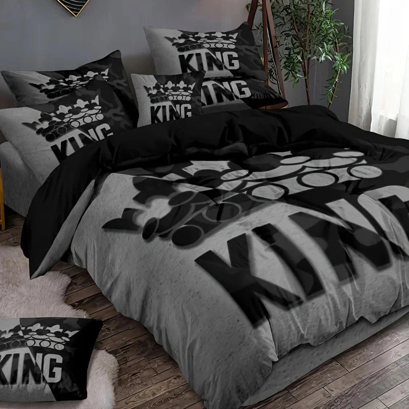 Grey and Black King Size Bed Pattern Down Duvet Cover Set, Soft and Comfortable Bedroom and Dormitory Decoration Bedding Set Good Vibrations