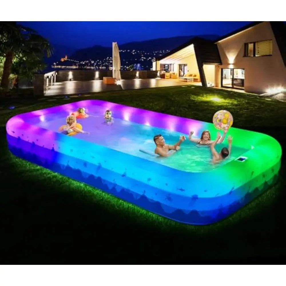 Pool with Lights - 145'' X 74'' X 22'', Thickened Blow Up Pool with Seats & Backrest for Adults, 7 Color Big Swimming Pool Good Vibrations