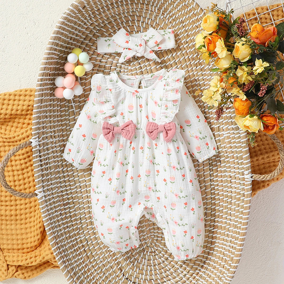 Baby Girl's All Seasons Long Sleeve Print Floral With Bow Daily Jumpsuit For Newborn-6M Clothes +Headband Good Vibrations