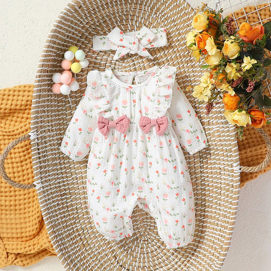 Baby Girl's All Seasons Long Sleeve Print Floral With Bow Daily Jumpsuit For Newborn-6M Clothes +Headband Good Vibrations